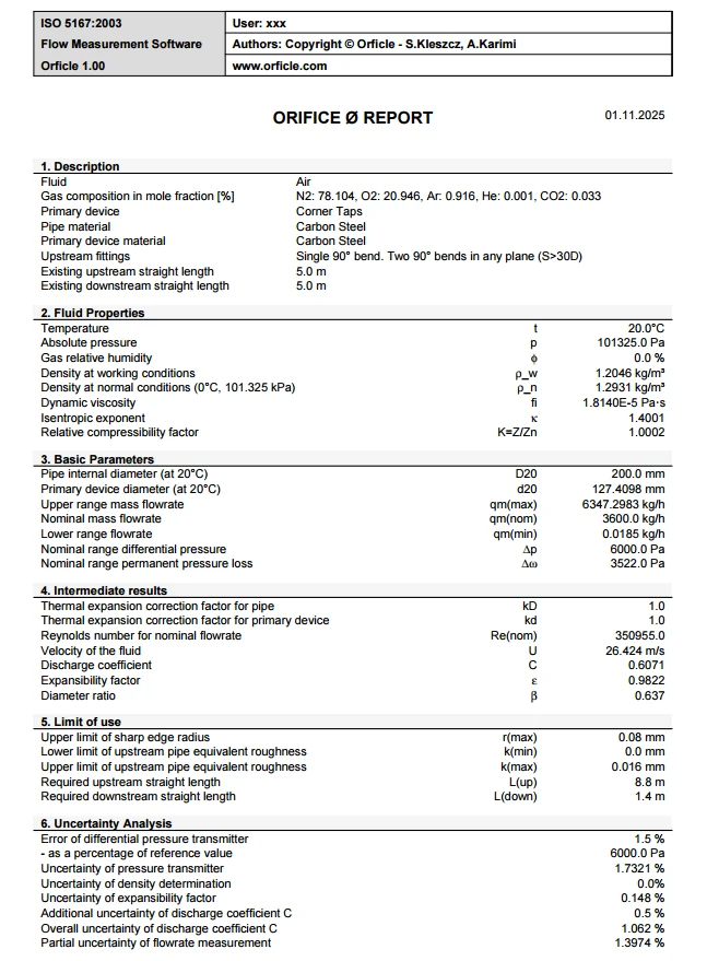 OriCalc report page 1 - sizing and fluid parameters