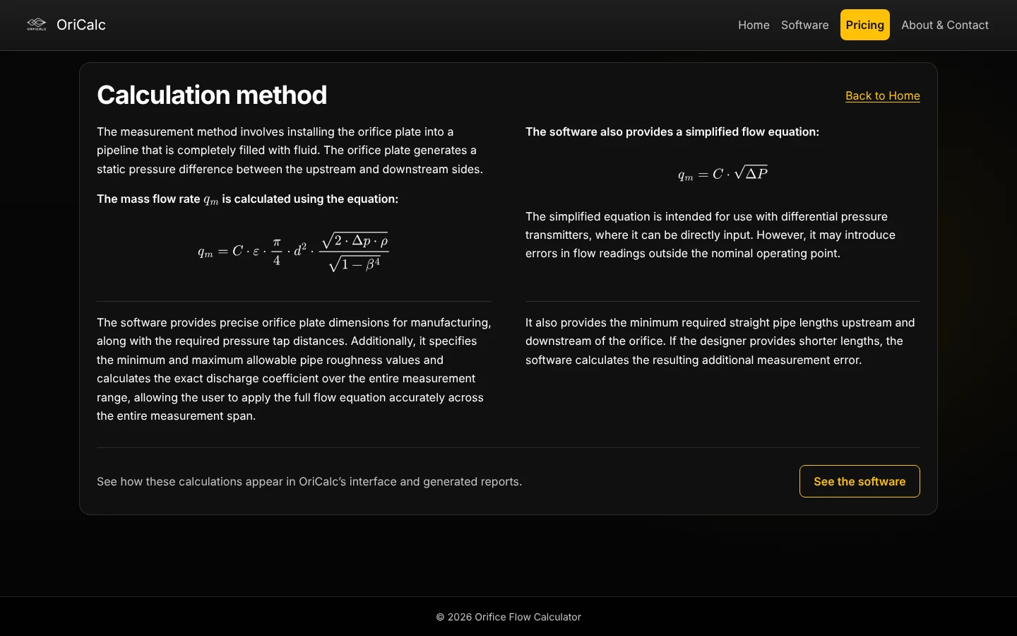 Orifice website - calculation method page