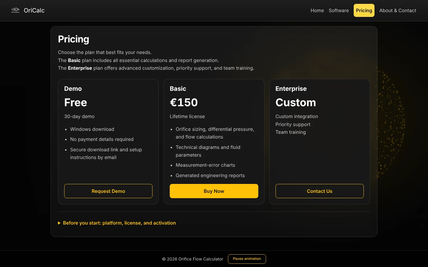 Orifice website - pricing with demo, Basic and Enterprise plans