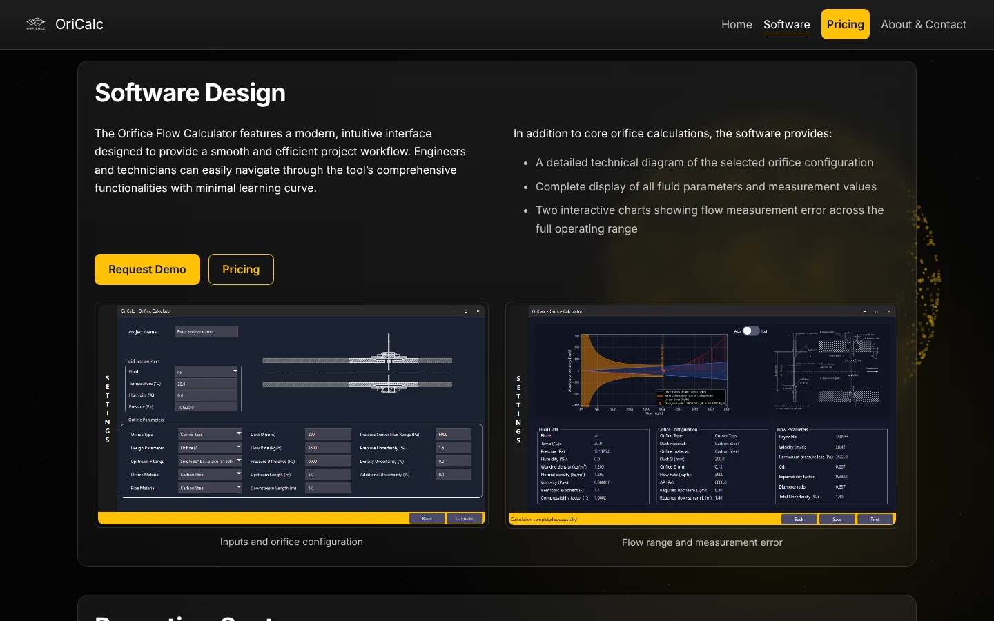 Orifice website - software page with interface screenshots